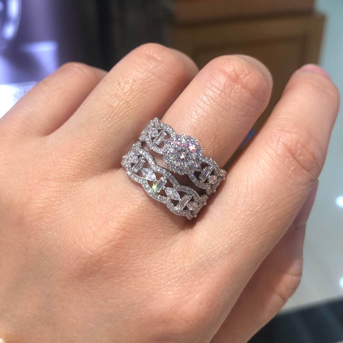 S925 Silver Plated Platinum Primary and Secondary Set Ring, Stacked Women's Ring, Customized Selection, Main Stone Moissanite Diamond 0.5ct/Secondary Stone High Carbon Diamond